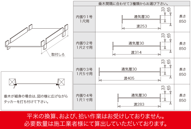 屋根通気ダンボールスペーサー 内張りタイプ 寸法表